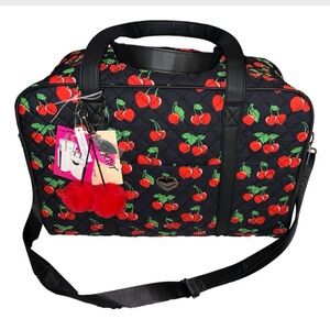 BETSEY JOHNSON BLACK RED CHERRIES OVERNIGHTER WEEKENDER & CHERRY PURSE CHARM NWT